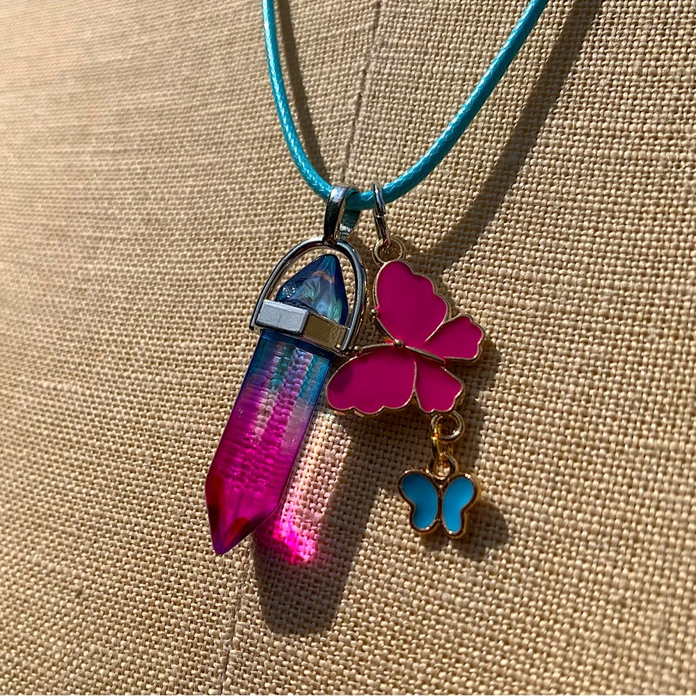 Handmade Cotton Candy Resin Crystal Amulet Necklace & Enamel Butterfly Charms